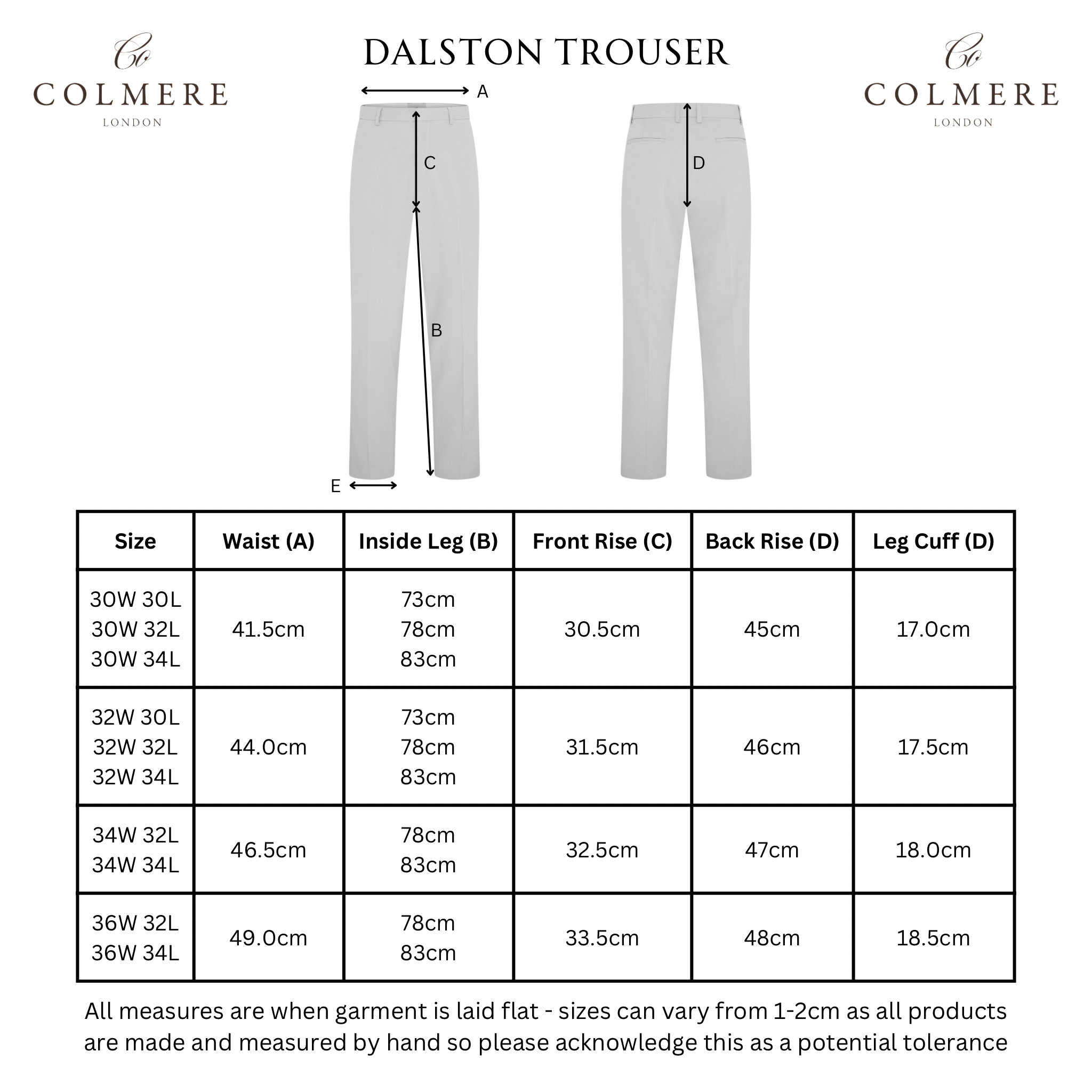 Colmere Dalston Trouser Size Guide